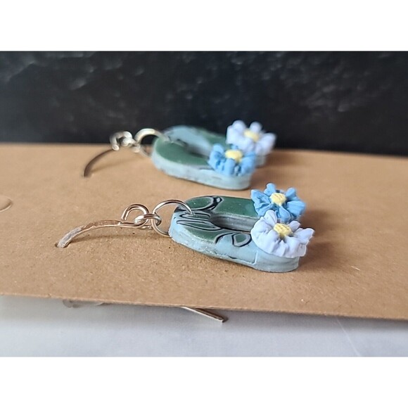Polymer Clay Blue Floral Dangling Pierced Earrings New - Picture 4 of 10